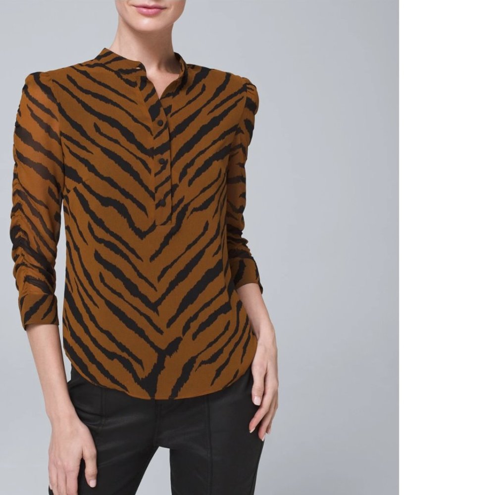 WHBM Tiger-print Ruched-sleeve Blouse XXS